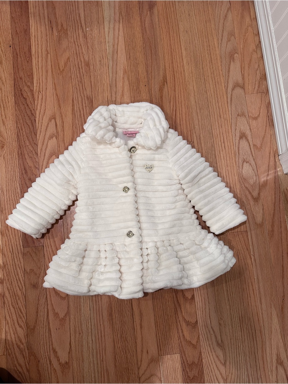 Juicy Couture Ivory Ribbed Faux-Fur Peacoat with Ruffled Hem
